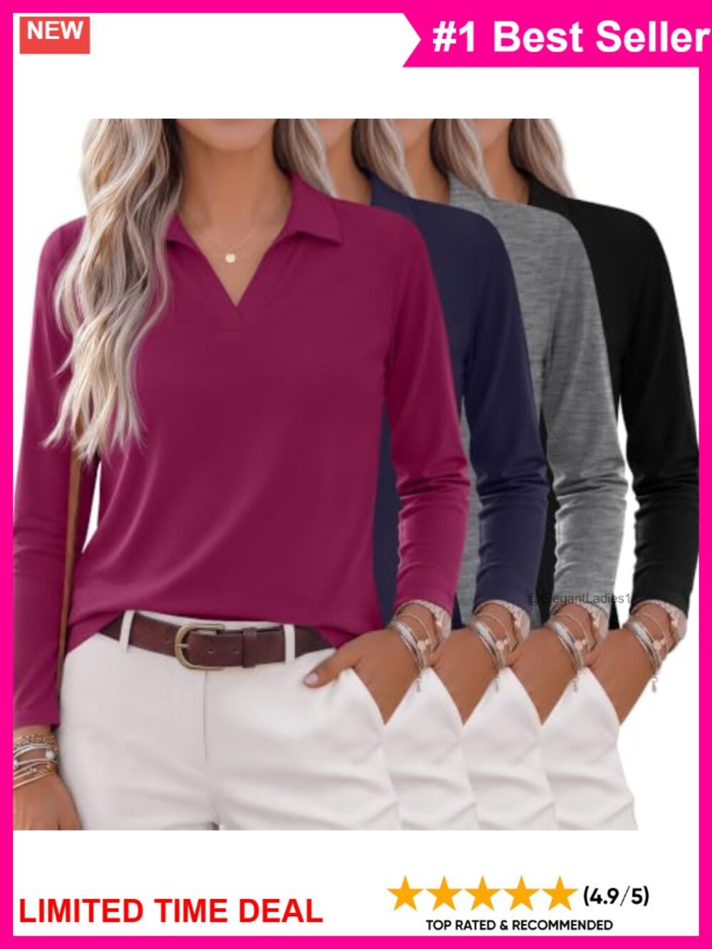 Women's Long Sleeve Polo Shirts 4 Pack Loose Fit V-Neck Knit Tops for Work